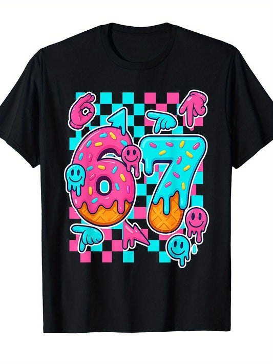 Funny 67 Ice Cream Drip Meme T-Shirt with Donut Graphic & Gen Alpha Slang - Pink Number 6 & 7 Design - Soft Casual Streetwear Tee for Men & Women - Lightweight Everyday Shirt for Parties, Outfits, Year-Round Wear