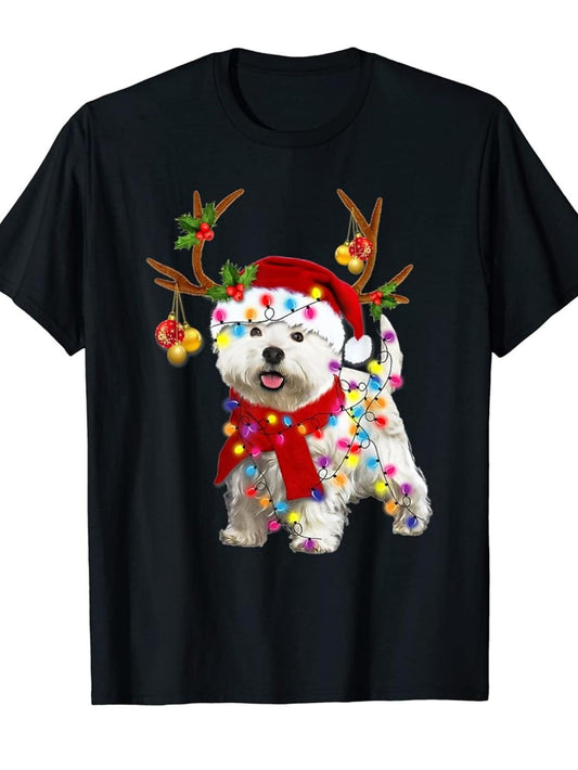 Black Westie Dog Christmas T-Shirt for Men Featuring a Santa Hat And Garland Print - Comfortable Short Sleeve Casual Top for Pet Enthusiasts, Perfect for Holiday Gatherings - Scottish Terrier Themed Festive Clothing (Machine Washable)