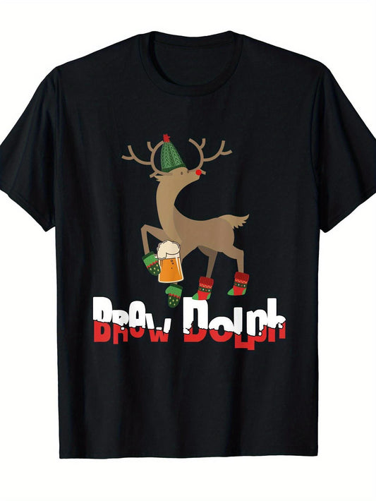 Funny Christmas Beer Deer T-Shirt for Men & Women - Red-Nosed Reindeer Brew Dolph Print Short Sleeve Tee, Casual Round Neck Holiday Party Outfit, Year-Round Comfortable Shirt