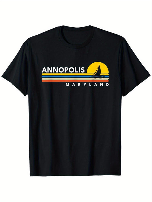 Annapolis Maryland Sailboat Vintage Retro Souvenirs T-Shirt Men'S T-Shirt Funny Pattern, Casual And Comfortable Roundneck Short Sleeve, Four Seasons Can Wear 180G Fabric Weight 100% S-XXXL - Graphic Tee for Adults